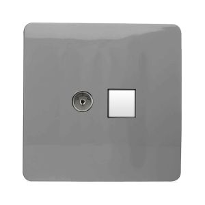 Trendi, Artistic Modern TV Co-Axial & RJ11 Telephone Light Grey Finish, BRITISH MADE, (35mm Back Box Required), 5yrs Warranty