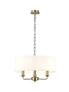 Banyan 3 Light Multi Arm Pendant, With 1.5m Chain, E14 Antique Brass With 45cm x 15cm Faux Silk Shade, White