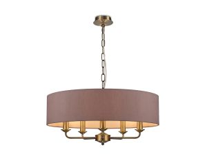 Banyan 5 Light Multi Arm Pendant, With 1.5m Chain, E14 Antique Brass With 60cm x 15cm Dual Faux Silk Shade, Taupe/Halo Gold