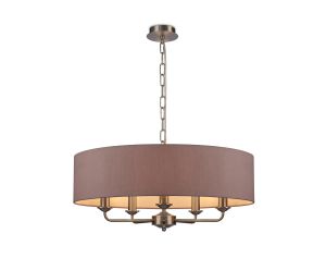 Banyan 5 Light Multi Arm Pendant, With 1.5m Chain, E14 Satin Nickel With 60cm x 15cm Dual Faux Silk Shade, Taupe/Halo Gold