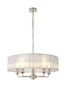 Banyan 5 Light Multi Arm Pendant With 60cm x 15cm Organza Shade Satin Nickel/Grey