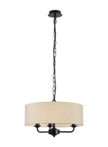 Banyan 3 Light Multi Arm Pendant With 45cm x 15cm Faux Silk Fabric Shade Matt Black/Ivory Pearl