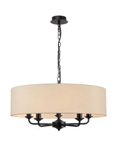 Banyan 5 Light Multi Arm Pendant With 60cm x 15cm Faux Silk Fabric Shade Matt Black/Ivory Pearl