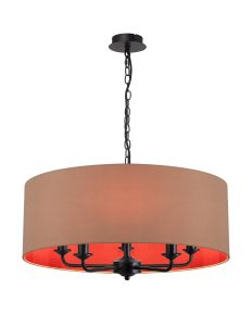 Banyan 5 Light Multi Arm Pendant With 60cm x 22cm Dual Faux Silk Fabric Shade Matt Black/Antique Gold