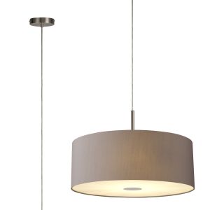 Baymont Satin Nickel  5 Light E27 Single Pendant With 60cm x 22cm Faux Silk Shade, Grey/White Laminate & Frosted/PC Acrylic Diffuser