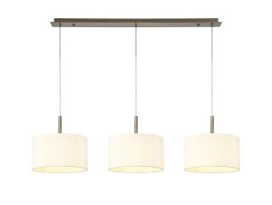 Baymont Antique Brass 3 Light E27  Linear Pendant With 30cm x 17cm Faux Silk Shade, Ivory Pearl/White Laminate