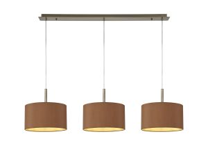 Baymont Antique Brass 3 Light E27  Linear Pendant With 30cm x 17cm Dual Faux Silk Shade, Raw Cocoa/Grecian Bronze