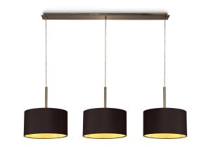 Baymont Antique Brass 3 Light E27  Linear Pendant With 30cm x 17cm Dual Faux Silk Shade, Midnight Black/Green Olive