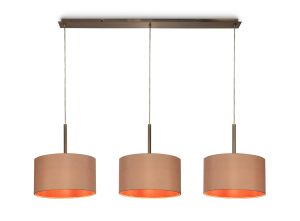 Baymont Antique Brass 3 Light E27  Linear Pendant With 30cm x 17cm Dual Faux Silk Shade, Antique Gold/Ruby