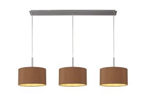 Baymont Satin Nickel 3 Light E27  Linear Pendant With 30cm x 17cm Dual Faux Silk Shade, Raw Cocoa/Grecian Bronze