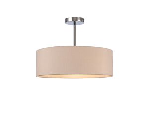 Baymont 45cm Polished Chrome 3 Light E27 Semi Flush Fixture, With 4cm x 15cm Dual Faux Silk Shade, Nude Beige/Moonlight