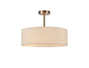 Baymont Antique Brass 3 Light E27 Semi Flush Fixture, With 45cm x 15cm Faux Silk Shade, Ivory Pearl/White Laminate