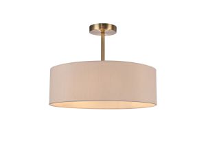 Baymont Antique Brass 3 Light E27 Semi Flush Fixture, With 45cm x 15cm Dual Faux Silk Shade, Nude Beige/Moonlight