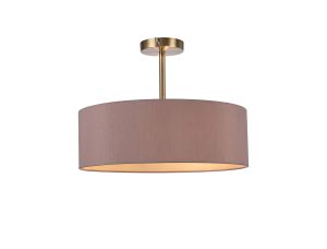 Baymont Antique Brass 3 Light E27 Semi Flush Fixture, With 45cm x 15cm Dual Faux Silk Shade, Taupe/Halo Gold