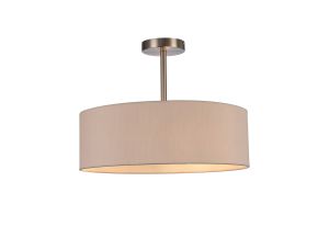 Baymont Satin Nickel 3 Light E27 Semi Flush Fixture, With 45cm x 15cm Dual Faux Silk Shade, Nude Beige/Moonlight