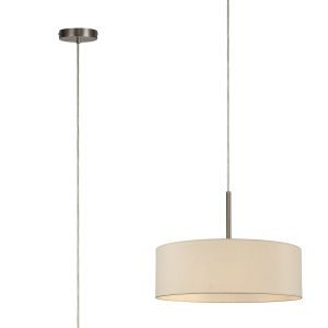 Baymont Satin Nickel  5 Light E27 Single Pendant, With 45cm x 15cm Faux Silk Shade, Ivory Pearl/White Laminate