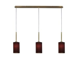 Baymont Antique Brass 3 Light E27  Linear Pendant, With 12cm x 20cm Faux Silk Shade, Black