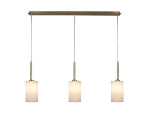 Baymont Antique Brass 3 Light E27  Linear Pendant, With 12cm x 20cm Faux Silk Shade, White