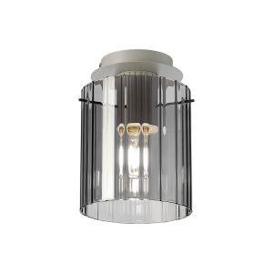 Brandroot Ribbed 21cm Round Ceiling Flush, 1 Light Flush Fitting E27, Beige Stone/Smoke Wide Line Glass