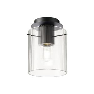 Brandroot Ribbed 21cm Round Ceiling Flush, 1 Light Flush Fitting E27, Dark Grey/Clear Narrow Line Glass