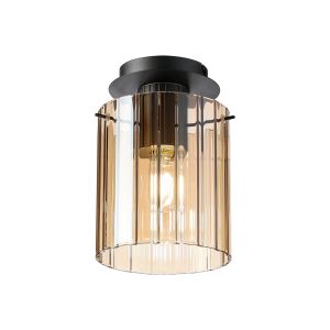 Brandroot Ribbed 21cm Round Ceiling Flush, 1 Light Flush Fitting E27, Dark Grey/Amber Wide Line Glass