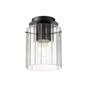 Brandroot Ribbed 21cm Round Ceiling Flush, 1 Light Flush Fitting E27, Dark Grey/Clear Wide Line Glass