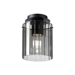 Brandroot Ribbed 21cm Round Ceiling Flush, 1 Light Flush Fitting E27, Dark Grey/Smoke Wide Line Glass