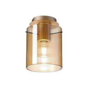 Brandroot Ribbed 21cm Round Ceiling Flush, 1 Light Flush Fitting E27, Light Gold/Amber Narrow Line Glass