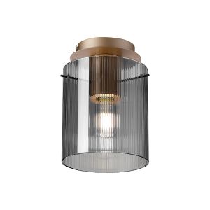 Brandroot Ribbed 21cm Round Ceiling Flush, 1 Light Flush Fitting E27, Light Gold/Smoke Narrow Line Glass