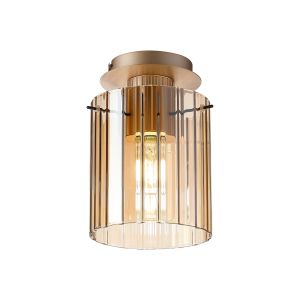 Brandroot Ribbed 21cm Round Ceiling Flush, 1 Light Flush Fitting E27, Light Gold/Amber Wide Line Glass