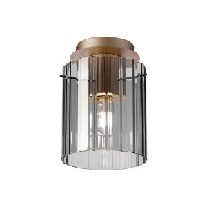 Brandroot Ribbed 21cm Round Ceiling Flush, 1 Light Flush Fitting E27, Light Gold/Smoke Wide Line Glass