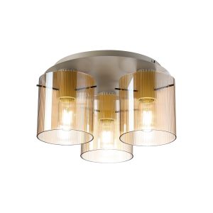 Brandroot Ribbed 41cm Round Ceiling Flush, 3 Light Flush Fitting E27, Beige Stone/Amber Narrow Line Glass