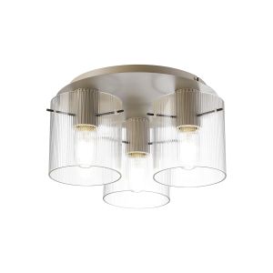 Brandroot Ribbed 41cm Round Ceiling Flush, 3 Light Flush Fitting E27, Beige Stone/Clear Narrow Line Glass