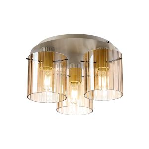 Brandroot Ribbed 41cm Round Ceiling Flush, 3 Light Flush Fitting E27, Beige Stone/Amber Wide Line Glass