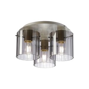 Brandroot Ribbed 41cm Round Ceiling Flush, 3 Light Flush Fitting E27, Beige Stone/Smoke Wide Line Glass