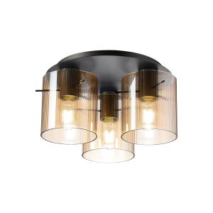 Brandroot Ribbed 41cm Round Ceiling Flush, 3 Light Flush Fitting E27, Dark Grey/Amber Narrow Line Glass