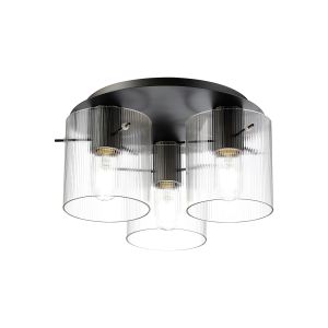 Brandroot Ribbed 41cm Round Ceiling Flush, 3 Light Flush Fitting E27, Dark Grey/Clear Narrow Line Glass