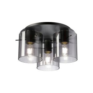 Brandroot Ribbed 41cm Round Ceiling Flush, 3 Light Flush Fitting E27, Dark Grey/Smoke Narrow Line Glass