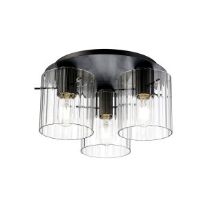 Brandroot Ribbed 41cm Round Ceiling Flush, 3 Light Flush Fitting E27, Dark Grey/Clear Wide Line Glass