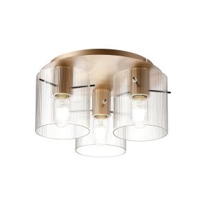 Brandroot Ribbed 41cm Round Ceiling Flush, 3 Light Flush Fitting E27, Light Gold/Clear Narrow Line Glass