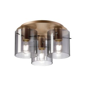 Brandroot Ribbed 41cm Round Ceiling Flush, 3 Light Flush Fitting E27, Light Gold/Smoke Narrow Line Glass