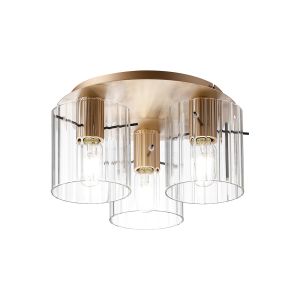 Brandroot Ribbed 41cm Round Ceiling Flush, 3 Light Flush Fitting E27, Light Gold/Clear Wide Line Glass