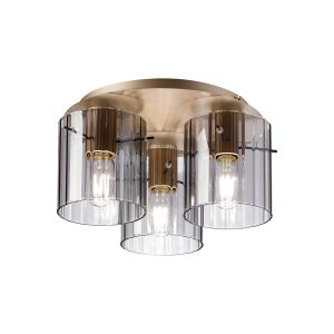 Brandroot Ribbed 41cm Round Ceiling Flush, 3 Light Flush Fitting E27, Light Gold/Smoke Wide Line Glass