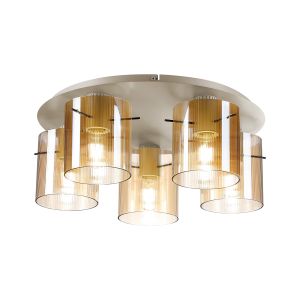 Brandroot Ribbed 56cm Round Ceiling Flush, 5 Light Flush Fitting E27, Beige Stone/Amber Narrow Line Glass