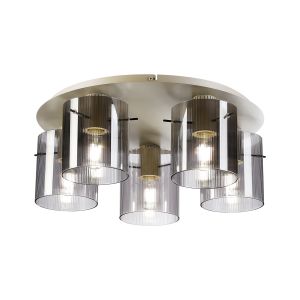 Brandroot Ribbed 56cm Round Ceiling Flush, 5 Light Flush Fitting E27, Beige Stone/Smoke Narrow Line Glass