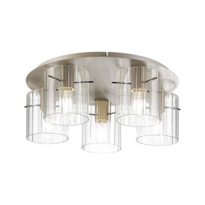 Brandroot Ribbed 56cm Round Ceiling Flush, 5 Light Flush Fitting E27, Beige Stone/Clear Wide Line Glass