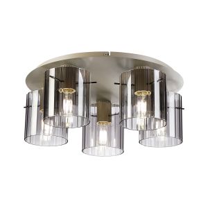 Brandroot Ribbed 56cm Round Ceiling Flush, 5 Light Flush Fitting E27, Beige Stone/Smoke Wide Line Glass