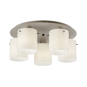 Brandroot Ribbed 56cm Round Ceiling Flush, 5 Light Flush Fitting E27, Beige Stone/Gloss White Wide Line Glass