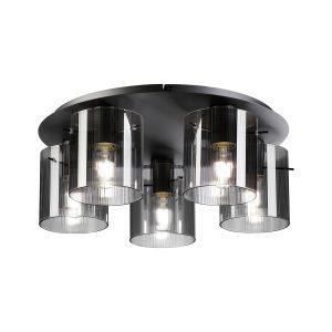 Brandroot Ribbed 56cm Round Ceiling Flush, 5 Light Flush Fitting E27, Dark Grey/Smoke Narrow Line Glass