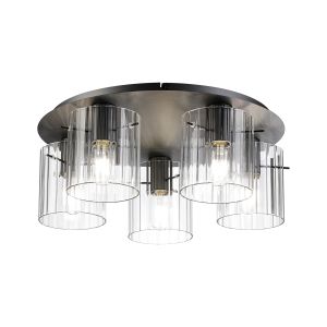 Brandroot Ribbed 56cm Round Ceiling Flush, 5 Light Flush Fitting E27, Dark Grey/Clear Wide Line Glass